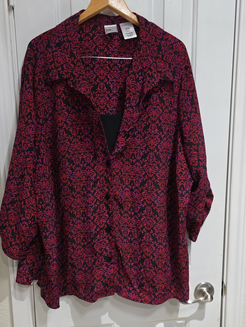 Just My Size Women's Patterned Button-Up Blouse in Magenta and Black Size 4X